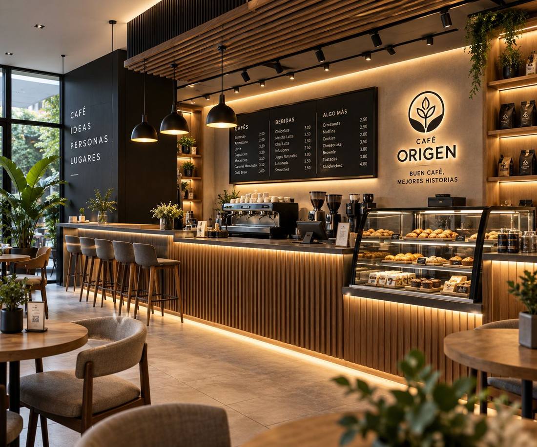 Cafetería con barra de listones de madera, iluminación cálida y vitrina de pastelería