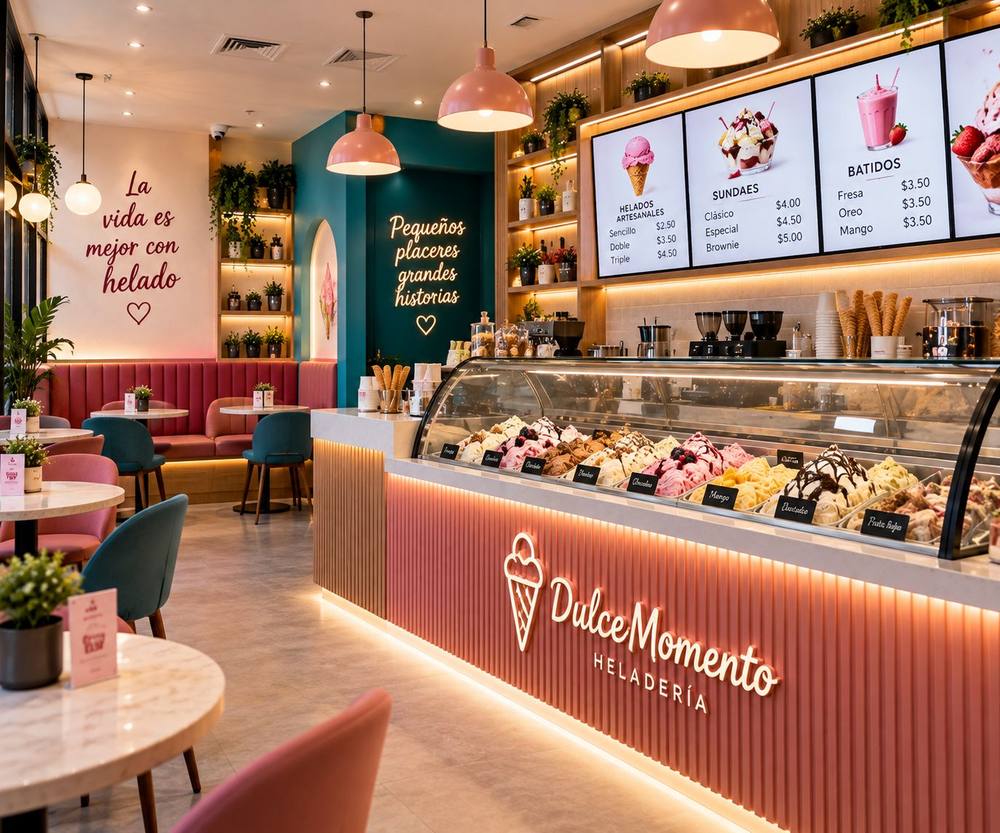 Heladería con barra de listones, vitrina de helados e iluminación cálida